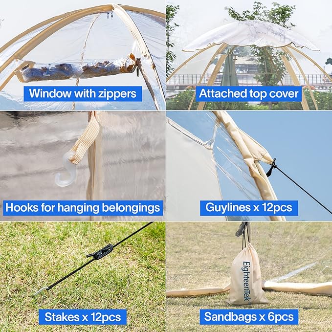 EighteenTek Sports Tent Screen House Room Greenhouse Camping Tent Canopy Gazebos 4-6 Person for Patios Large Oversize Weatherproof Pod Pop Up Tent, Cold Protection Beige 10’x10’