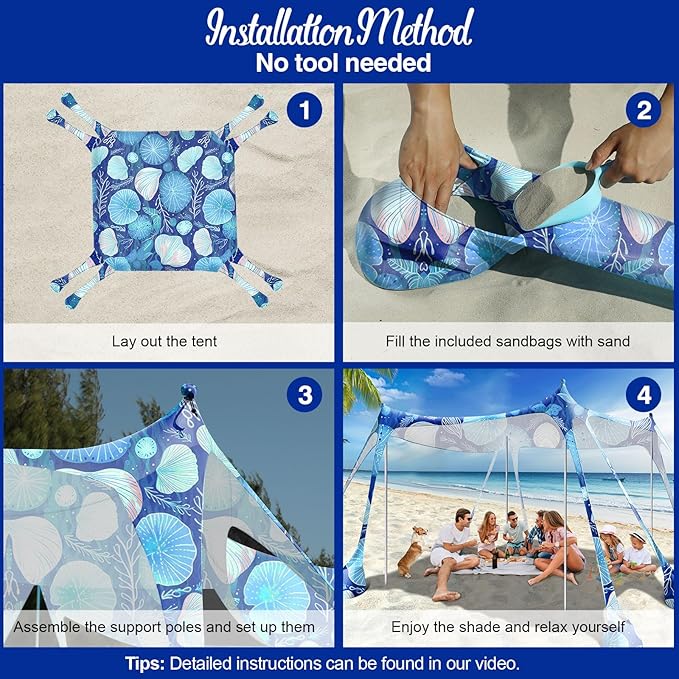 Rhino Valley Beach Tent Sun Shelter, 10x10FT Beach Canopy Tent Sun Shade UPF50+ Protection with 8 Sandbags 4 Stability Poles, Outdoor Beach Shade Canopy 6-8 People for Beach Camping Fishing