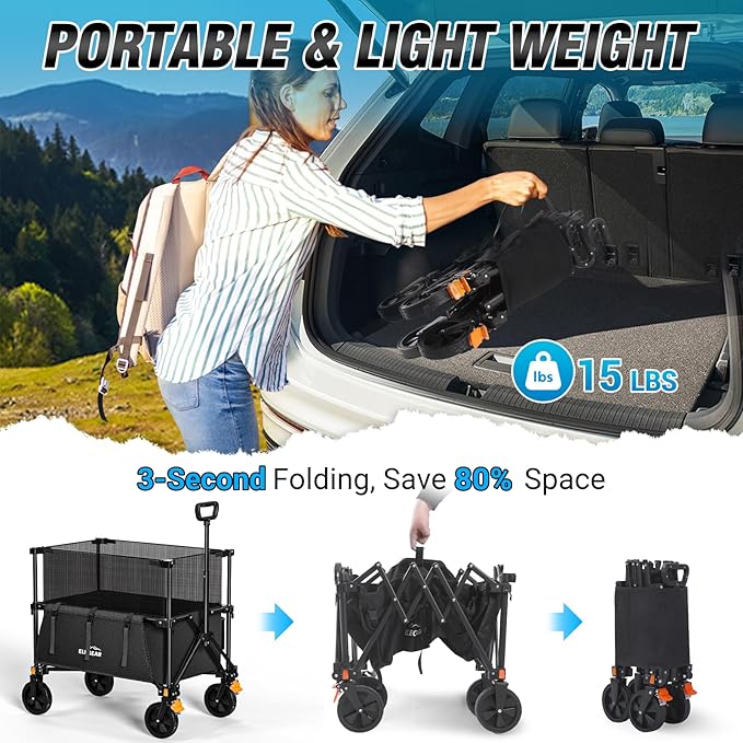 Elegear Wagon Cart Foldable Collapsible 440LBS - Adjustable Capacity from 100L to 200L - Heavy Duty Utility Beach Wagon with All-Terrain Wheels & Smallest Folding Design for Camping Sports Shopping