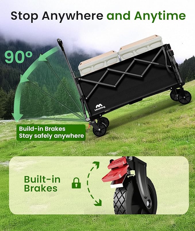 Large Foldable Wagons Extended, Collapsible Wagon with Tailgate, 49”L Folding Wagons with Brakes, Grocery Wagon, Utility Cart for Sports, Shopping, and Camping, Black