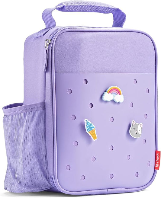 Fit & Fresh Charm Lunch Bag For Kids, Thermal Insulated Lunch Box For Kids Boys & Girls With Shoe Charm Slots For Personalization, School Lunch Box, Purple