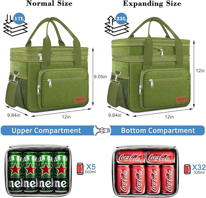 Expandable Insulated Large Cooler Lunch Box for Men 23L Heavy Duty Double Deck Leakproof Lunch Bag with 4 Ice packs&5 Snack Bags for Adult/Construction/Women/Work/Picnic/Camping -Green