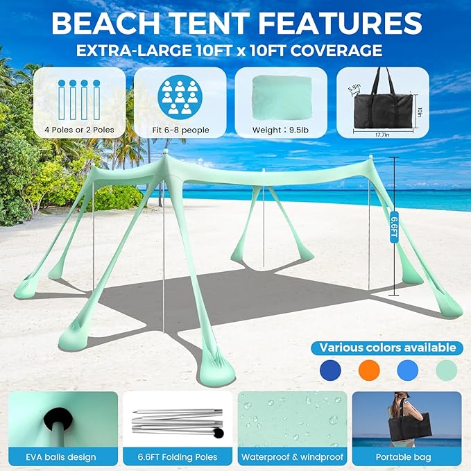 Large Beach Tent Canopy Pop Up Shade 10x10ft Sun Shelter Portable with UPF50+ UV Protection 8 Sandbags 4 Aluminum Poles 2 Sand Shovel Ground Pegs Carrying Bag for Outdoor Camping Fishing Yard Picnics