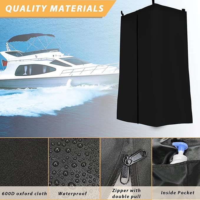 Privacy Tent for Boats, Heavy-Duty Hanging Changing Room for Pontoon Boats, Privacy Curtains for Pontoon Boats, Attaches to Bimini Top Poles (Black)