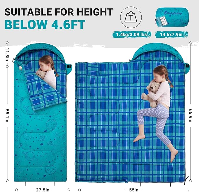 KingCamp 45°F Kids Sleeping Bag, Lightweight Waterproof & Compact Flannel Sleeping Bags Cold Weather & Warm Youth Essentials Gear Accessories for Camping, Fits 10-12 Children up to 5'5" Tall