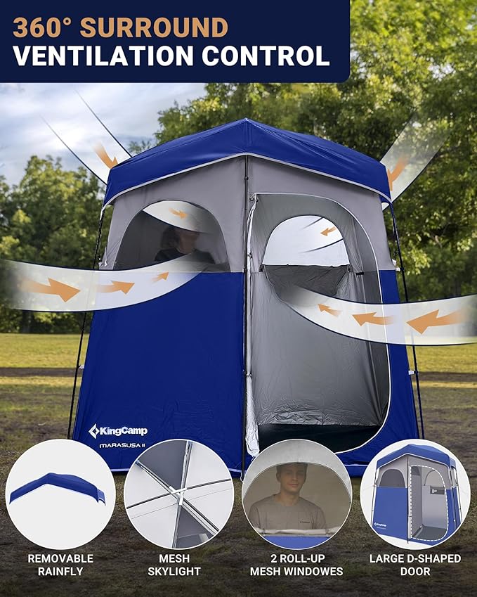 KingCamp Camping Shower Tent, Portable Outdoor Privacy Toilet & Changing Tent Windproof & Waterproof Easy Setup 1 or 2 Room Shelter with Shower Bag for Camping Hiking Beach