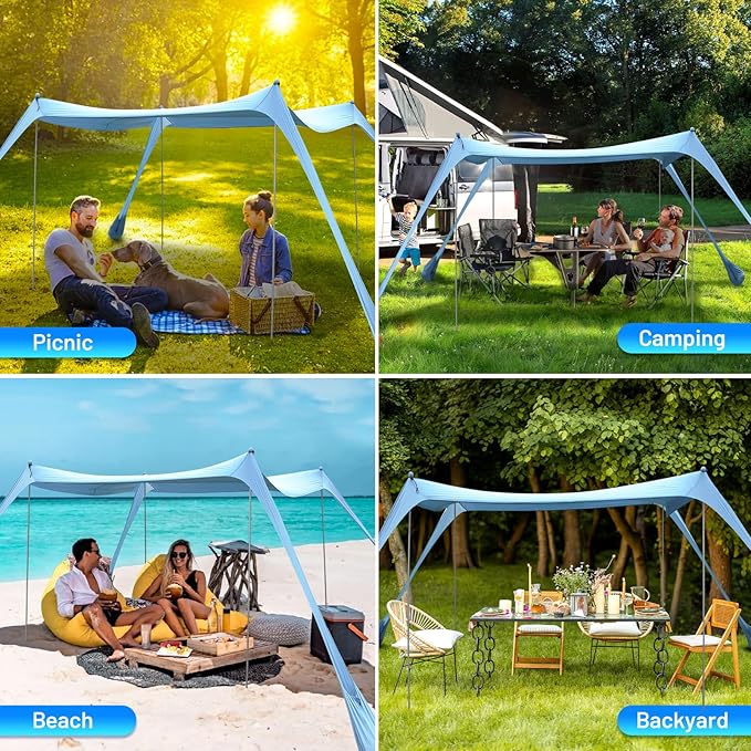 BOTINDO Family Beach Tent Canopy Sun Shade, Pop Up Grande Beach Tent Sun Shelter Stability 4 Poles with Portable Carry Bag Outdoor Shade for Fishing Backyard Camping (Light Blue, 10x10FT 4Pole)