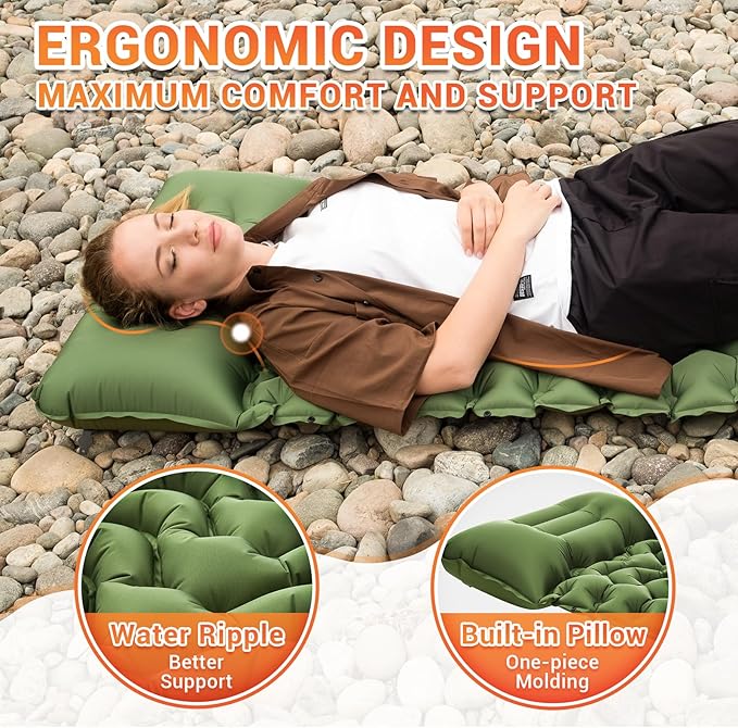 KingCamp Self Inflating Camping Mattress with Built-in Foot Pump, Connectable Durable Inflatable Sleeping Mat with Pillow, Compact Camping Air Mattress for Hiking