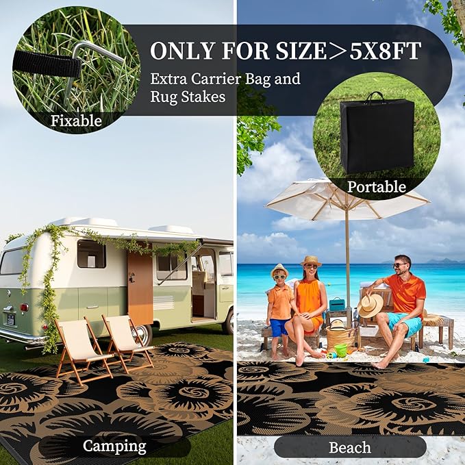 MontVoo Outdoor Rug-Waterproof Patio Rug Mat 5x8 Outdoor Carpet Mat Reversible Plastic Straw Outside Outdoor Rug for RV Camping Picnic Beach Balcony Backyard Pool Deck Farmhouse Floral Black Brown