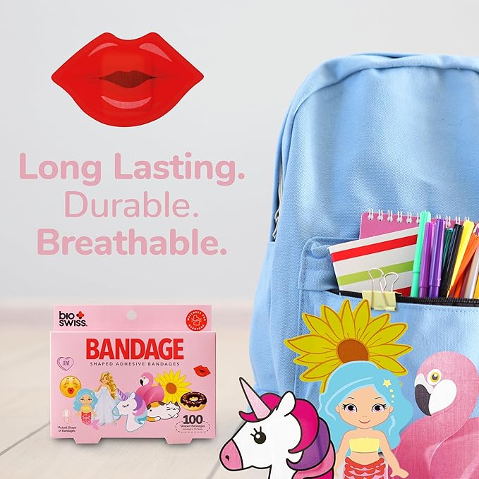 BioSwiss Bandages, Assorted Animal, Fun and Food Shaped Self Adhesive Bandage for Girls, Latex Free Sterile Wound Care, 100 Count