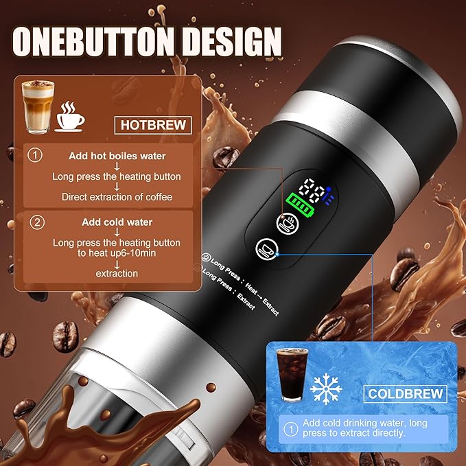 Portable Coffee Machine with 2 Removable rechargeable Batteries 15,000mAh, Electric Coffee Maker for Camping & Travel, 80ml Hot/Cold Coffee, 20bar, USB-C Espresso Machine, Camping Coffee Makers Black