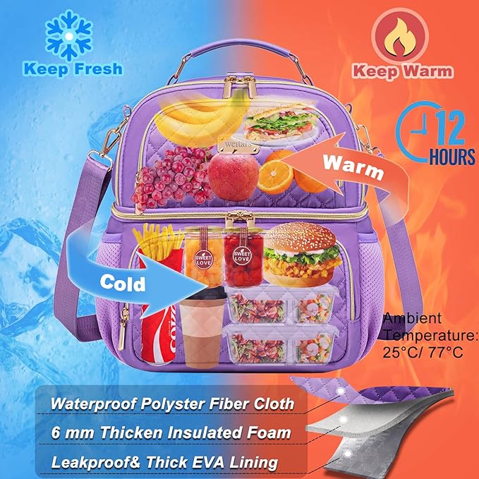 Weitars Lunch Bag for Women,Dual Compartment Lunch Box for Women Lunch Tote for Work,Insulated Leakproof Lunch Cooler Bag with Side Pockets and Adjustable Strap for Hiking,Picnic,Beach