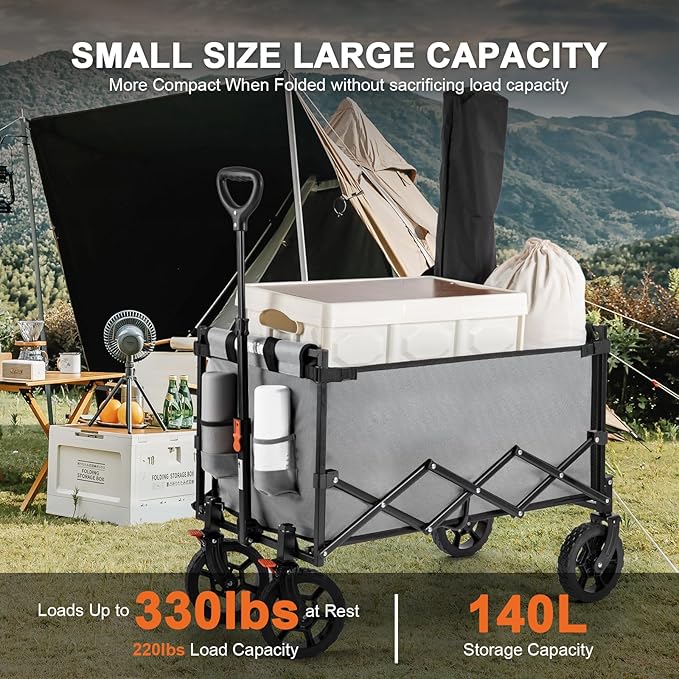 Navatiee 140L Wagon Cart Foldable, Large Capacity Collapsible Wagon with Smallest Folding Design, Utility Grocery Wagon for Camping Shopping Sports, Gray