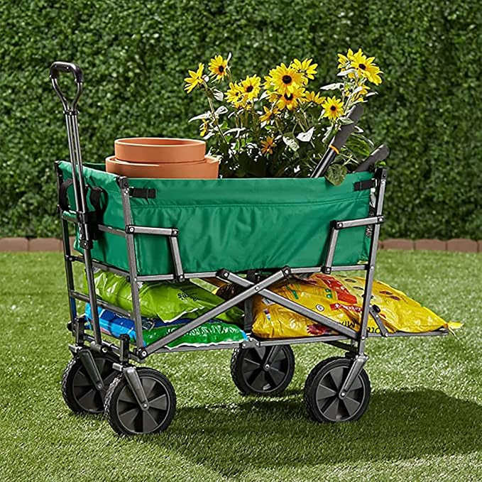 MacSports Double Decker Heavy Duty Steel Frame Collapsible Outdoor 150 Pound Capacity Yard Cart Utility Garden Wagon with Lower Storage Shelf, Green