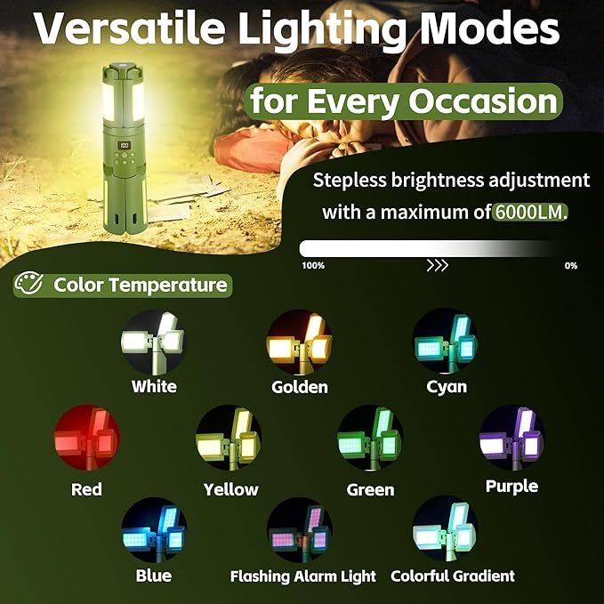 Rechargeable Camping Light 14000mAh, Telescoping Light Camping Lantern 6000LM, Waterproof Magnetic Camping Essentials, Dimmable, Foldable, Multi-Mode for Outdoor, Emergency, Hiking, Car Repair