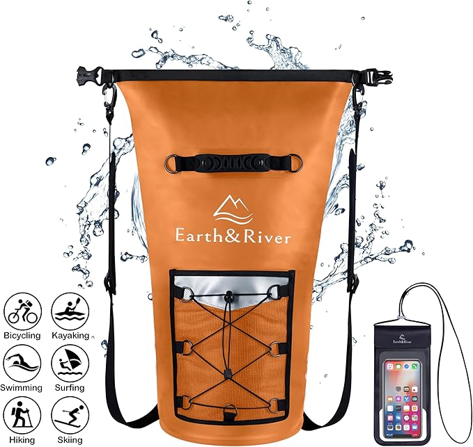 EARTH&RIVER Premium Dry Bag Backpack, Extra Thick, Protection for All Water Activities & Camping, Floating Lightweight Dry Bag with Inside Pocket Storage & IPX8 Waterproof Phone Case (Orange, 30L)
