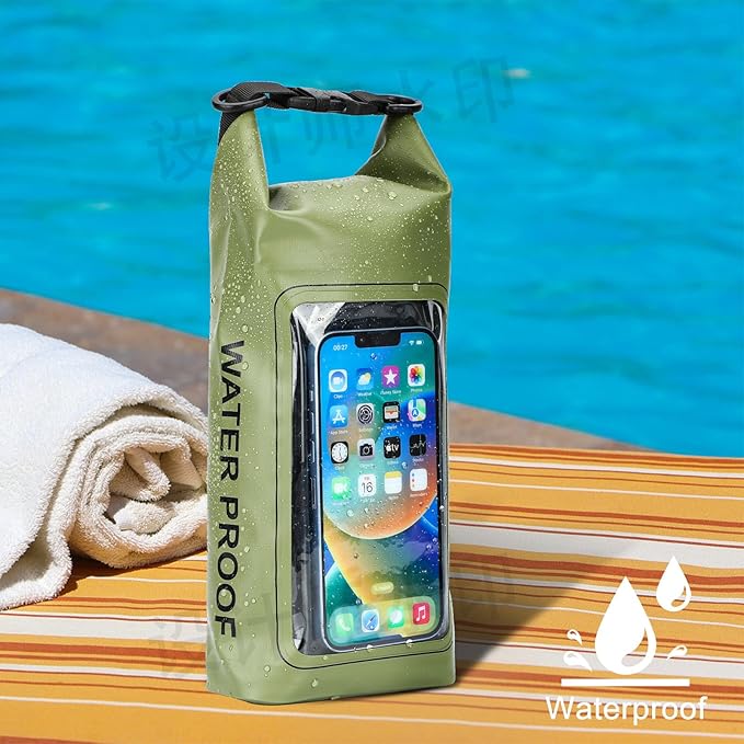 Waterproof Dry Bag, Beach Phone Bag 2L Roll Top Waterproof Backpack w/Phone Case/Pouch, Lightweight Dry Storage for Travel Swimming Boating Kayaking Camping Beach Fishing Rafting (Green)