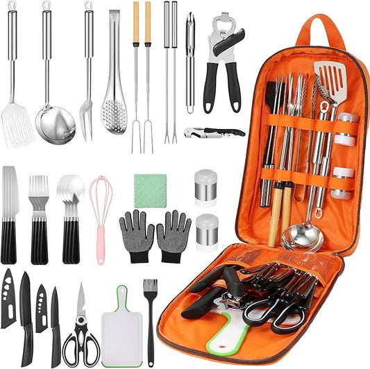 Camping Cooking Set - Camping Utensil Set Car Camping Cooking Essentials Gear for Camp Kitchen Cooking and Grilling, Stainless Steel & Silicone Ideal Gift for RV Tent Camper, Picnics, BBQs
