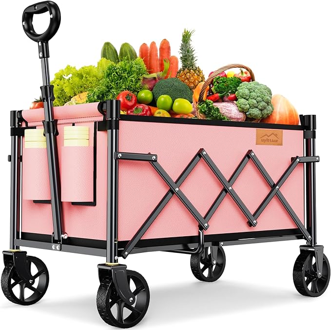 Collapsible Wagon Cart Foldable with 220lbs Weight Capacity, Lightweight Portable Folding Grocery Shopping Cart with Wheels for Camping Sports Beach and Shopping, Pink