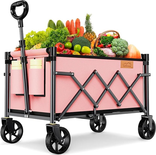 Collapsible Wagon Cart Foldable with 220lbs Weight Capacity, Lightweight Portable Folding Grocery Shopping Cart with Wheels for Camping Sports Beach and Shopping, Pink