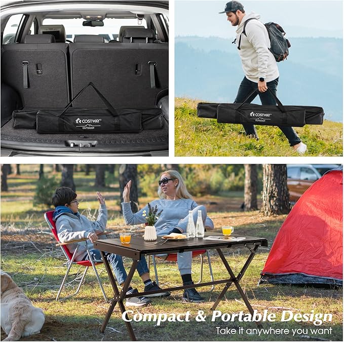 COSTWAY Portable Picnic Table, 28’’ x 43’’ Roll-Up Aluminum Beach Table with Carry Bag for 4-6 Person, Folding Camping Table with Sturdy X-Shaped Frame (Brown)
