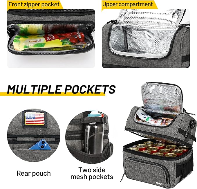 MIER Dual Compartment Lunch Bag Tote with Shoulder Strap for Men and Women Insulated Leakproof Cooler Bag, Grey