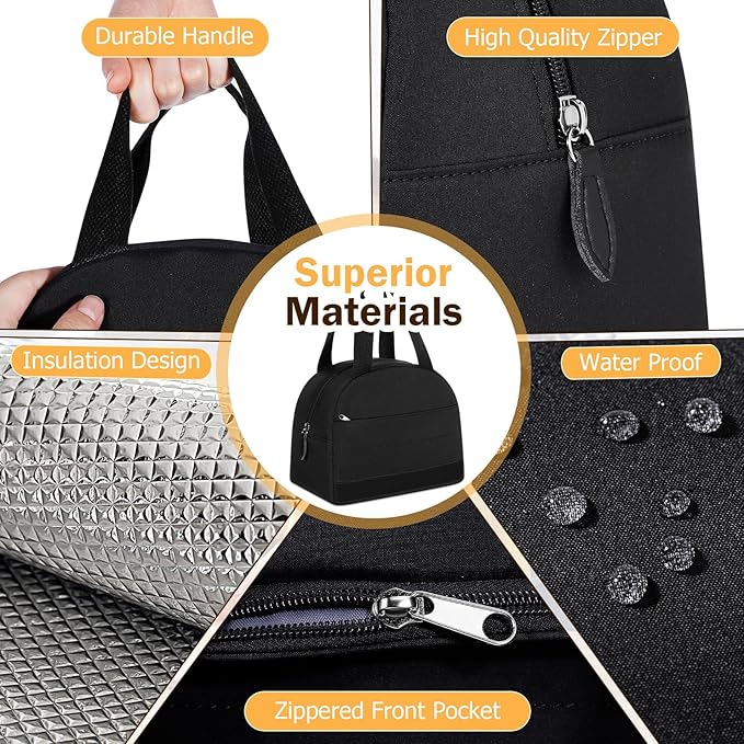 Lunch Box For Women, Insulated Lunch Bag Waterproof Lunch Box Lunch Tote Bag Large Capacity Reusable Insulated Cooler for Work Office Camping Travel, Fits 9 x 7 inch (Black)