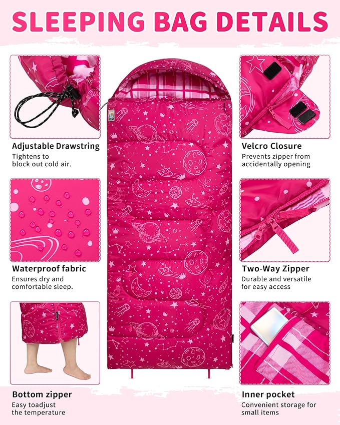 KingCamp 45°F Kids Sleeping Bag, Lightweight Waterproof & Compact Flannel Sleeping Bags Cold Weather & Warm Youth Essentials Gear Accessories for Camping, Fits 10-12 Children up to 5'5" Tall