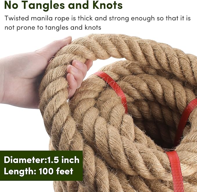 Manila Rope 1.5in x 100ft,Natural Hemp Rope,Thick Large Decorative Hemp Nautical Ropes,Twisted Manila Ropes Great for Gardening,Railings,Hammock Nautical