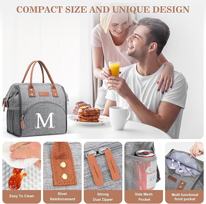 Initial Lunch Bag Women Insulated Lunch Box Wide-Open Tote Bag Large Drinks Holder Durable Nylon Thermal Snacks Organizer for Work, Travel, Picnic Personalized Gifts for Women/Teacher