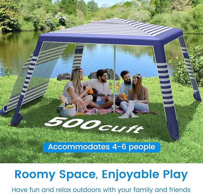 MoKo Beach Cabana, 8'×8' Large Beach Canopy with Side Wall, UPF 50+ Protection Easy Setup Beach Tent Sun Shelter, Adjustable Height Wind Resistant Cabana Beach Tent for Whole Family, Navy Stripes