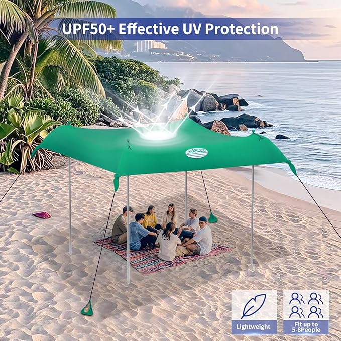 UMARDOO Family Beach Tent Canopy Sun Shade Portable, Large Compact Beach Sun Shelter Easy Setup with Packable Bag for Outdoor Travel (Green, 10X10 FT. 4Poles)