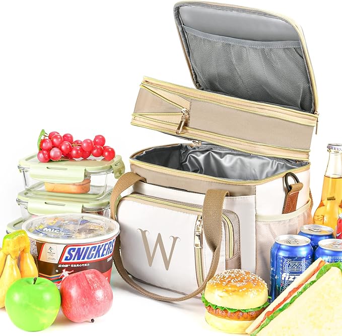 LOKASS Personalized Lunch Bag for Women Work, 16L Initial Insulated Lunch box for Adult/Womens Gift, Leakproof Personalized Gift Lunchbag with Adjustable Shoulder Strap, Cooler Bag Beige - U