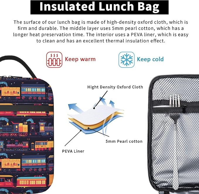 Car Train Lunch Bag Insulated Reusable Lunch Box Thermal Cooler Tote For Men Women Work Travel Picnic Hiking