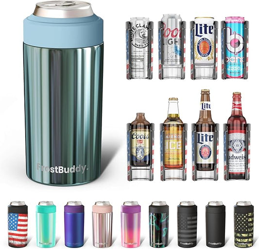 Frost Buddy Universal Buddy Can Cooler - Fits All - For Regular 12 & 16 oz or Slim-Size Bottles - Insulated Double-Walled Stainless Steel (Frozen)