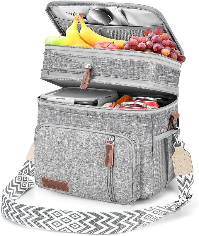 LOKASS Lunch Box for Women/Men-16L-Insulated Lunch Bag, Expandable Double-layer Leakproof Cooler Bag with Upgrade Adjustable Shoulder Strap Ideal for Work/Travel/Picnics（Gray）