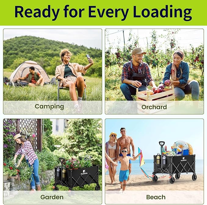 180L Collapsible Wagon with Wheels, Feelnais Folding Wagon Cart with Adjustable Handle, Foldable Utility Wagon for Grocery Shopping Camping Outdoor Sports Beach Garden