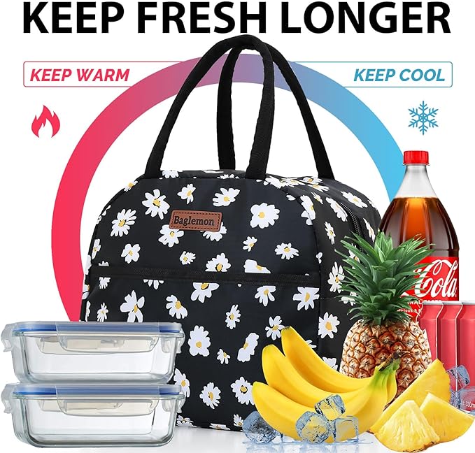 Insulated Lunch Bag for Women Men, Lunch Containers Reusable High Capacity Lunch Tote Bags for for Work Picnic(Black Daisy)
