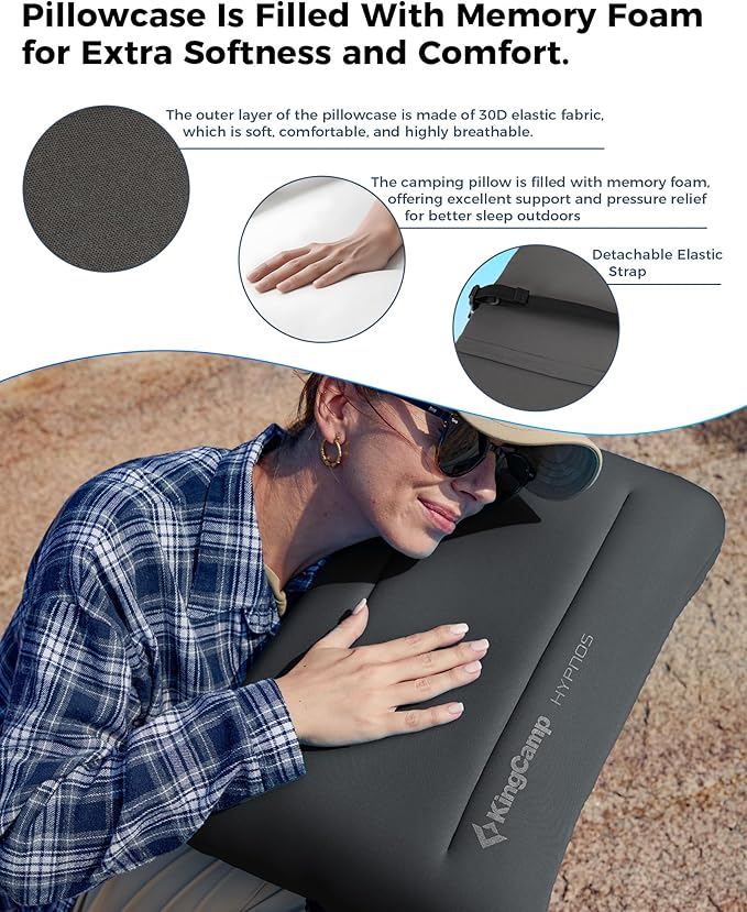 KingCamp Camping Pillow, Inflatable Ultralight Travel Outdoor Large Pillow with Air Chamber & Removable Memory Foam Lightweight Cover for Backpacking Hiking Road Trip Airplane Sleeping Solution