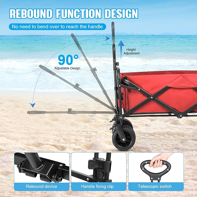 Beach Wagon,Collapsible Foldable Wagon Cart with Big Wheels,Utility Folding Grocery Lounge All Terrain Wagon with Side Pocket and Brakes for Sand Camping Sports Outdoor(Red).