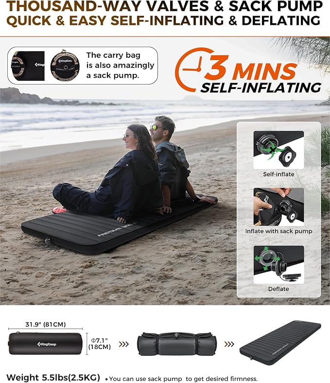 KingCamp Self Inflating Sleeping Pad for Camping Ultra Thick Double Single Foam Mattress High R Value Camping Air Pad Mat, Multi Colors & Sizes