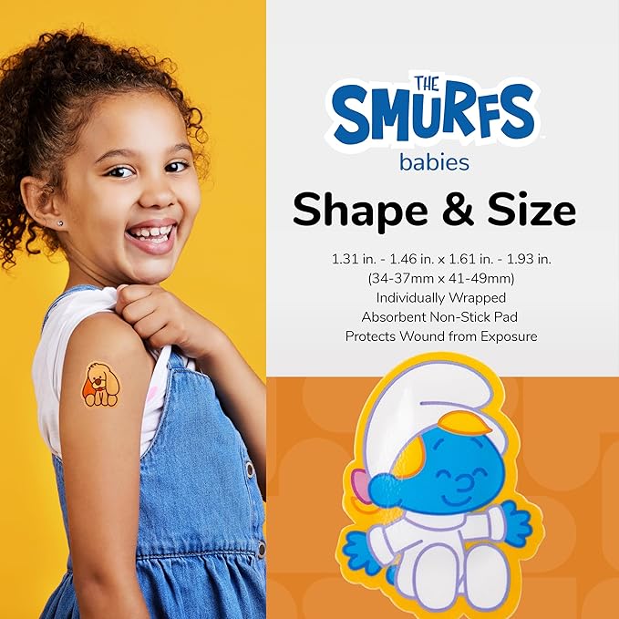 BioSwiss Bandages, The Smurfs Baby Smurf Shaped Self Adhesive Bandage, Latex Free Sterile Wound Care, Fun First Aid Kit Supplies for Kids and Adults, 24 Count Box