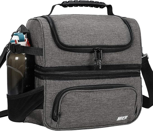 MIER Dual Compartment Lunch Bag Tote with Shoulder Strap for Men and Women Insulated Leakproof Cooler Bag, Grey