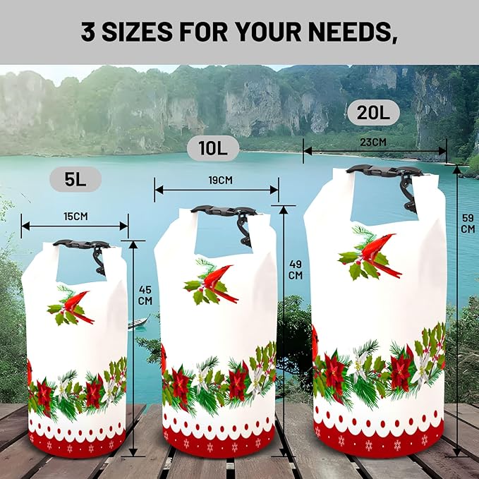 Waterproof Dry Bag,Roll Top Christmas Poinsettia Flower Pine Cones Waterproof Backpack 5L/10L/20L Floating and Lightweight Bags for Kayaking, Boating, Fishing, Swimming and Camping