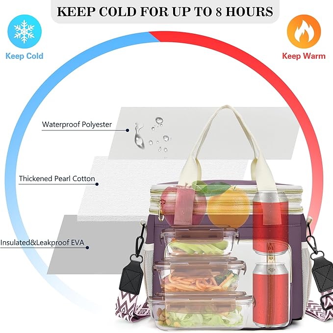 LOKASS Lunch Box for Women/Men-16L-Insulated Lunch Bag, Expandable Double-layer Leakproof Cooler Bag with Upgrade Adjustable Shoulder Strap Ideal for Work/Travel/Picnics（Dark Pink）