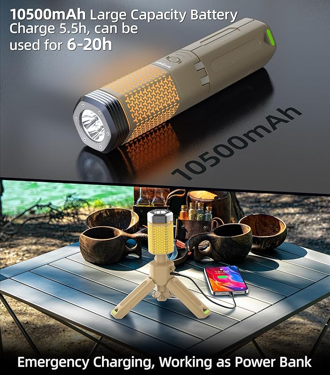 Camping Light Telescopic Camp Lantern Rechargeable 10500mAh Battery Built-in Magnetic Camping Lamp for Emergency, Hiking (Khaki)