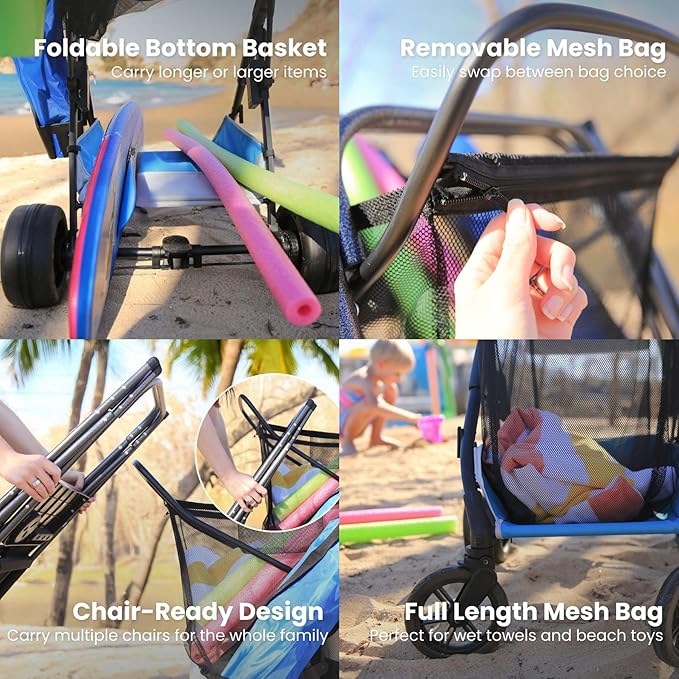 Large Wheeled Collapsible Beach Cart for Soft Sand, Shopping, Camping & Garden- Lightweight Aluminum Frame- Removable Storage Bag with Carrying Straps, X-L Capacity & Cooler Rack Dark Grey