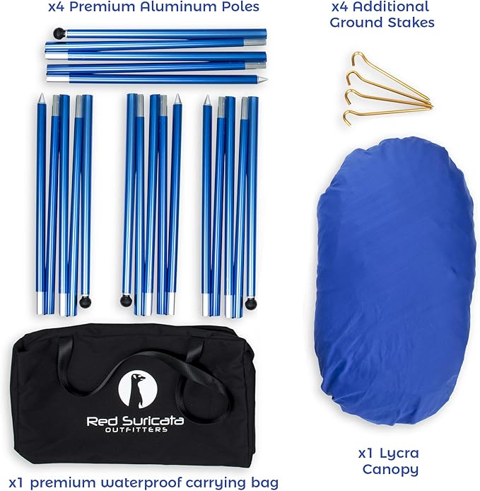 Red Suricata Family Beach Tent & Canopy, UPF50 Sun Shade, 4 Aluminum Poles, Sand Shovel, Large Portable Sun Shelter