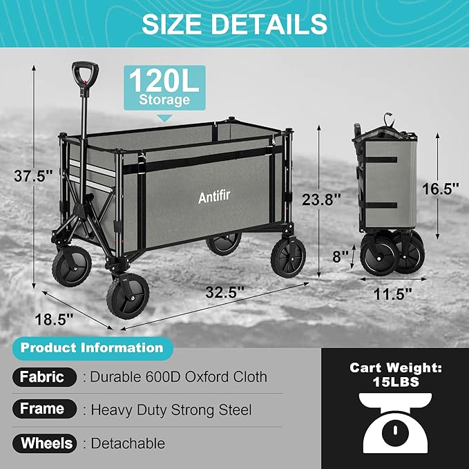 Collapsible Wagon Carts,Folding Wagon Cart with All Terrain Wheels,Heavy Duty Garden Carts with Adjustable Handle,Outdoor Utility Wagon for Camping Shopping Sports Fishing (Gray)