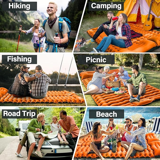 Double Camping Sleeping Pad, Self-Inflating 4" Ultra-Thick Foot-Press Design – Lightweight 2-Person Outdoor Mat with Pillow for Camping, Hiking, Backpacking, Travel – Orange